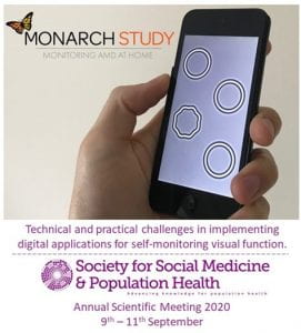 Poster of Society for Social Medicine and Population Health annual conference that took place from 9th to 11th September 2020. It is showing a hand holding a smart phone.